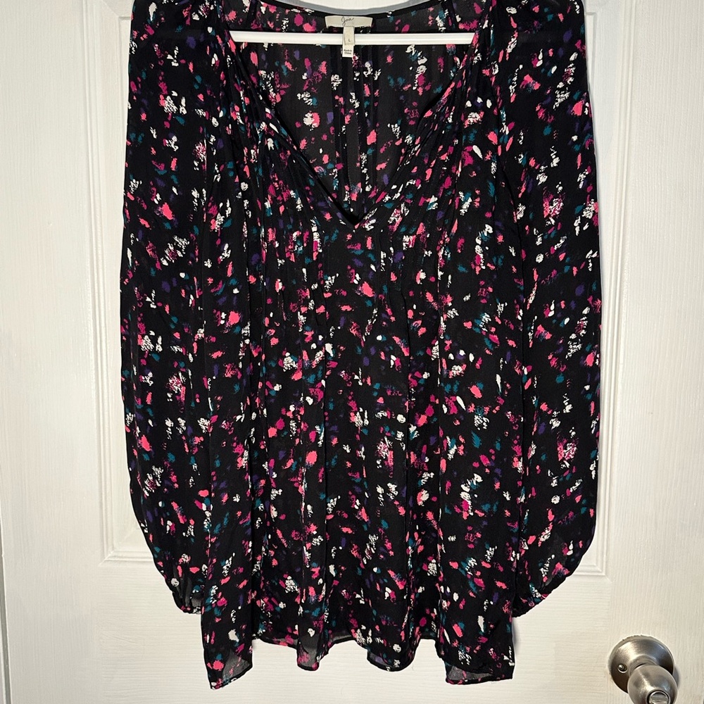 Joie 100% Silk Pintuck Black Pink Print Boho Blouse Size Large